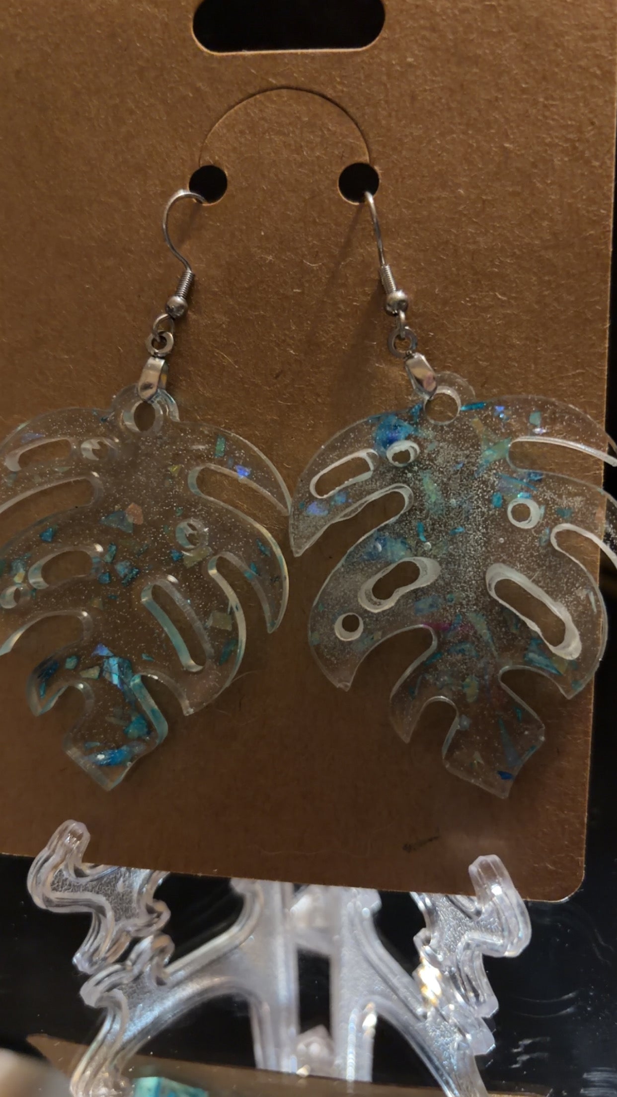 blue and glitter plant earrings