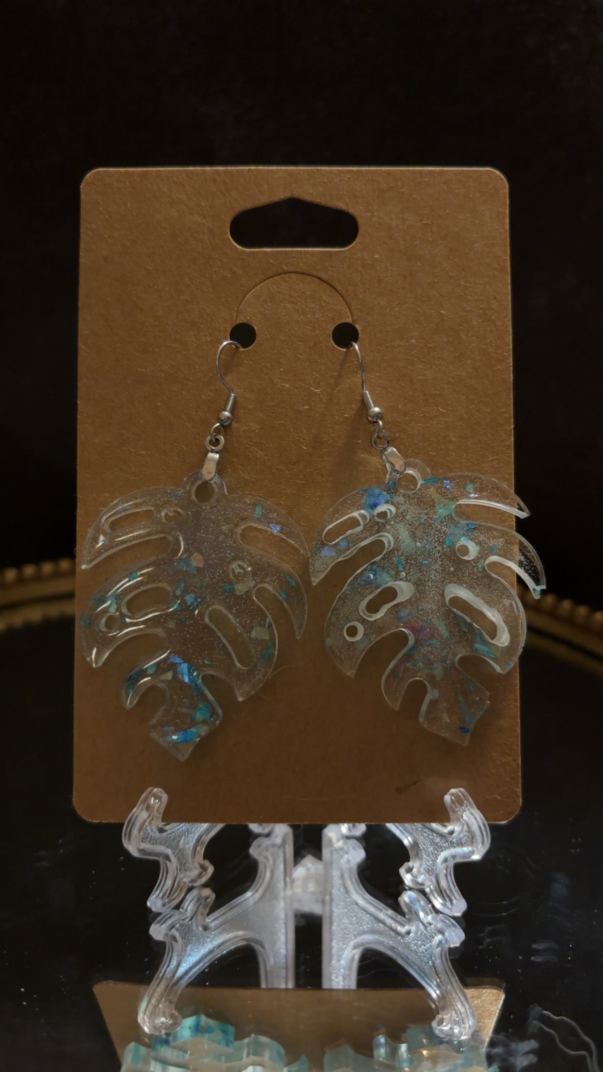 blue and glitter plant earrings